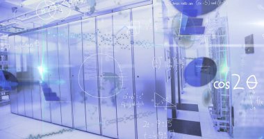 Veri merkezi koridorunda yanıp sönen LED göstergelerini holografik çizelgelerle gösteren sunucu dolapları. Teknoloji, veri, yenilik, siber güvenlik, dijital, ağ, otomasyon