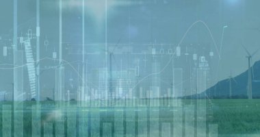 Rüzgar türbinleri, bar çizelgeleri, şamdanlar, çizgi çizelgeleri ve veri etiketleriyle rüzgâr tarlaları gösteriyor. Yenilenebilir, sürdürülebilirlik, enerji, çevre, veri görselleştirme, analiz, yeşil