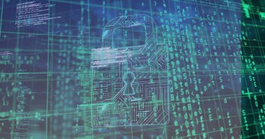 Devre şekilli asma kilit simgesi siber uzayda parlıyor, şebeke çizgileri, söz dizimi blokları, kod akışları var. Siber güvenlik, şifreleme, veri koruması, dijital altyapı, ağ güvenliği, teknoloji, bilgi güvenliği