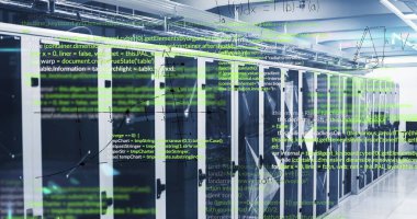 Modern veri merkezinde veri işleme verileri ağ kabloları ve kod kaplamaları ile sunucu rafları görüntüleniyor. Teknoloji, altyapı, veri, siber güvenlik, sanayi, dijital, yenilik