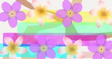 Soluk arkaplanda, şeffaf pastel şeritler ve mor ve beyaz çiçeklerle tasarım gösteriliyor. Geometrik, çiçekli, pastel, suluboya, minimalizm, dijital sanat, desen