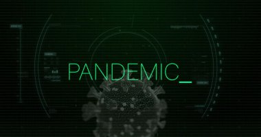 Yeşil arayüz merkezli neon-yeşil PANDEMIC _ metin gösterimi, 3 boyutlu virüs modeli ve HUD çizgileri. Teknoloji, siber güvenlik, dijital, fütüristik, veri görselleştirme, yenilik, bilim