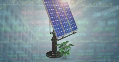 Dijital kompozitte ayarlanabilir ayakta, fidanlı ve stok grafikli güneş paneli gösteriliyor. Yenilenebilir, sürdürülebilirlik, yenilik, teknoloji, çevre, kentsel, yatırım