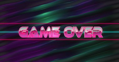 İnce neon çizgileri olan, gelecekçi atari arkaplanı üzerinde neon pembe oyun metni görüntüleniyor. Neon, retro-futuristik, soyut, dijital, atari salonu, siber, canlı