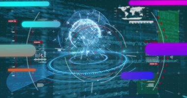 Kontrol panelinde dönen tel çerçeve, holografik halkalar ve yüzen renkli çubuklar. Fütüristik, teknoloji, veri, görselleştirme, dijital, arayüz, yenilik