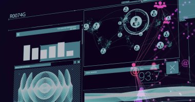 Geniş ekran monitörde dijital arayüz gösteriliyor, bar şeması, ağ haritası, sinyal monitörü. Fütürist, ui, teknoloji, analitik, siber, dijital, gösterge paneli