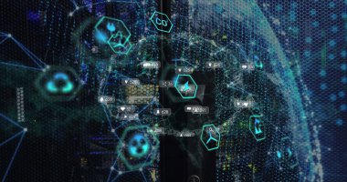 Neon altıgen simgeleriyle birlikte gösterge panelinde çevresel ölçümleri izleyen küresel veri ağı gösteriliyor. Teknoloji, görselleştirme, sürdürülebilirlik, analitik, dijital, hassasiyet, eko