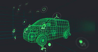 Sanal 3D ızgarada yüzen holografik simgelerle dönen neon yeşil kablo minibüs modeli. Gelecek, teknoloji, yenilik, dijital, sanal, çevre dostu, tasarım