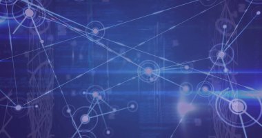 Parlak düğümleri arayüzdeki satırlar, kablo kuleleri, paneller ve parlaklıklarla birleştiren ağ gösteriliyor. Teknoloji, bağlantı, fütürizm, dijital, yenilik, soyut, veri