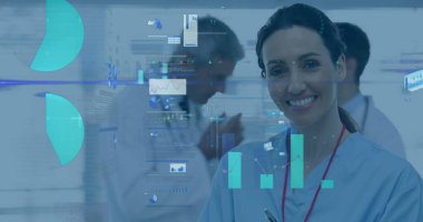 Koğuş koridorunda mavi önlüklü hemşire, steteskop, not panosu, kalem ve çizelgeler, fotokopi odası. Sağlık, profesyonellik, teknoloji, işbirliği, teşhis, yenilik, klinik