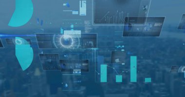 Şehrin ufuk çizgisi üzerinde turta grafikleri ve çubuk grafikleriyle şeffaf dijital paneller gösteriliyor. Fütüristik, teknoloji, kentsel, veri görselleştirme, arayüz, analiz, dijital