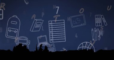 Sırt çantası, dizüstü bilgisayar ve dünya çizimleriyle gece siluetine hükmeden merkezi çizgili kağıt. Kentsel, eğitici, illüstrasyon, akademik, ofis, yaratıcı tarzda, profesyonel
