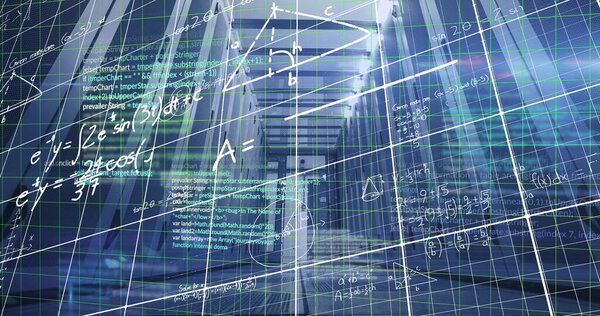 Displaying data corridor spanning panels in data center, with floating grid lines and formulas. Futuristic, digital, technology, data, information, cyber, innovative