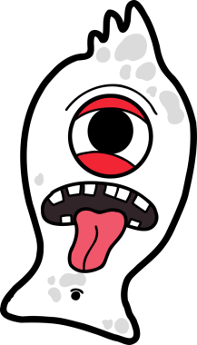 Düz dizayn canavarı, kırmızı halkalı göz, dişlek sırıtış ve dille şeffaf bir zemin üzerinde yüzüyor. Fantezi, karakter, kaprisli, minimalist, dijital sanat, doğaüstü, resimleme