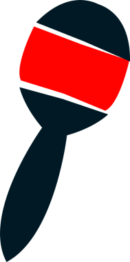 Maraca benzeri çıngırak, açık bir zemin üzerinde düz yüzüyor, koyu mavi kafa ve kırmızı bant gösteriyor. Müzik aleti, perküsyon, kültürel, ritmik, canlı, dekoratif, festival