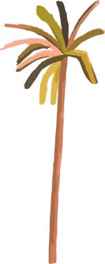 Stilize edilmiş palmiye gövdesi saydam arka planda çok renkli fırça darbesi yaprakları ile yüzüyor. Tropikal, minimalizm, resimsel, dekoratif, sanat, doğa, tasarım