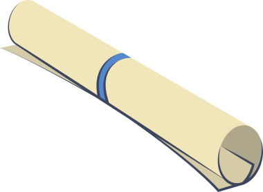 Yuvarlanan parşömen parşömeni düz tasarımla gösteriliyor, mavi bantla bağlanmış, şeffaf arkaplan. Antika, belge, sertifika, mahsul, eğitim, tarih, diploma