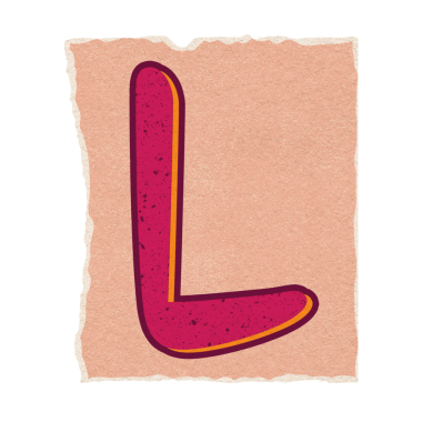 Düz dizayn L harfi, turuncu aksanlı, şeffaf arkaplanlı yırtık bir kağıdın üzerinde duruyor. Tipografi, grafik tasarım, markalaşma, minimalizm, modern, illüstrasyon, yaratıcı