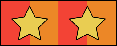 İki stilize edilmiş sarı yıldız şeffaf tuval ile düz dizayn kırmızı-turuncu zemin üzerinde yüzüyor. Grafiksel öğeler, markalaşma, modern tasarım, görsel kimlik, amblem, ikonografi, düz biçim