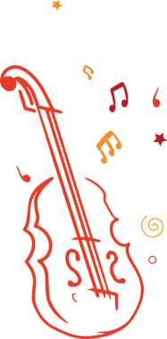 Düz keman illüstrasyonu şeffaf bölgede süzülüyor, notalar, yıldızlar, spiraller. Sanat, tasarım, müzik, enstrüman, minimalizm, animasyon, melodik