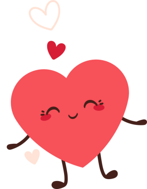 Düz tasarım karikatür kalp karakteri şeffaf arkaplanda üç küçük kalple dans ediyor. Aşk, şefkat, mutluluk, neşe, arkadaşlık, pozitiflik, kapris