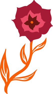 Düz çiçek kırmızı-pembe taç yaprakları gösteriyor, yıldız şeklinde merkez, turuncu saplı, şeffaf arkaplan. Botanik, çiçek tasarımı, doğadan esinlenilmiş, dekoratif, minimalist, canlı, sanatsal