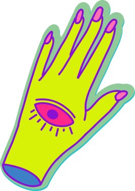 Düz tasarım eldiven şekli, şeffaf arkaplanda neon sınır gösterici göz sembolü ile parlıyor. Fütürist, soyut, dijital, neon, minimalist, aydınlık, grafik