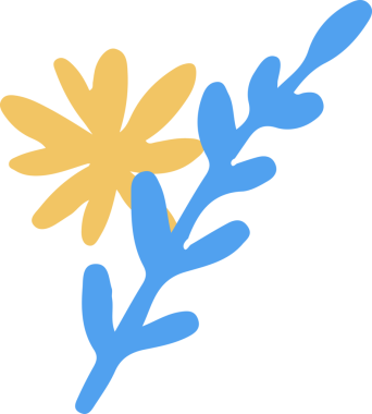 Şekillendirilmiş düz dizayn çiçekleri, şeffaf arkaplanda sarı çiçek ve mavi dallar sergiliyor. Botanik, çiçek, illüstrasyon, dekoratif, doğa, minimalist, canlı