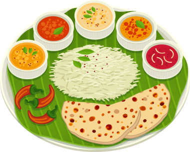 Muz yaprağında, pirinçli, körili, şapkalı, düz Güney Hint yemeklerini gösteriyoruz. Mutfak, geleneksel, canlı, kültürel, sunum, aşçılık, vejetaryen