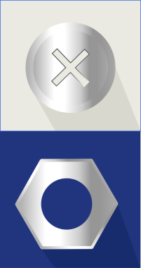 Çapraz yuva vidası ve altıgen fındık, arka planda gölgeler olan düz iki panelde sergileniyor. Sanayi, kesinlik, mekanik, mühendislik, teknoloji, metalik, minimalist