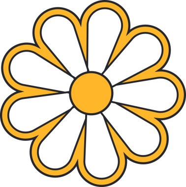 Flat graphic daisy motif floating on transparent background featuring 10 white petals  and  golden disk. Floral, botanical, design, decoration, emblem, minimalism, pattern