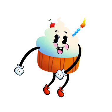 Düz kek, şeffaf arka planda kırmızı kiraz, bükülmüş mavi mum ve kırmızı ayakkabılarla dans ediyor. Tuhaf, neşeli, enerjik, oyuncu, dijital alarm, karakter tasarımı, animasyon