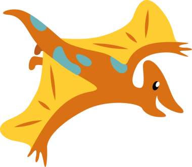 Şeffaf arkaplanda süzülen karikatür pterosaur, turuncu gövdeyi, sarı kanatları, deniz mavisi lekelerini gösteriyor. Dinozor, havacılık, macera, fantezi, kaprisli, illüstrasyon, yaratık