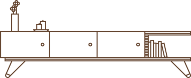 Yüzyılın ortalarındaki credenza, vazo, mumlar, kitaplar ve şeffaf arkaplanla birlikte sanat eserleri arasında yer alıyor. Minimalist, çağdaş, tasarım, mobilya, iç mekan, dekor, zarafet