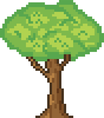 Piksel sanat ağacı şeffaf arka planda duruyor, tıkanmış kahverengi gövdeyi ve yeşil örtüyü gösteriyor. Piksel sanatı, doğa, dijital illüstrasyon, çizgi film stili, yeşillik, açık hava, çevre