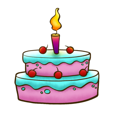 Çıkartma stili iki katlı doğum günü pastası şeffaf arka planda kirazlar ve yanan mumlarla parlıyor. Kutlama, şekerleme, tatlı, şenlikli, renkli, tatlı