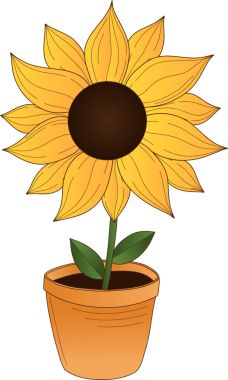 Şekillendirilmiş ayçiçeği, sarı yapraklar, kil kaplama ve şeffaf arkaplan ile düz tasarım içinde duruyor. Botanik, çiçek, doğal, dekoratif, minimalist, canlı, çevre dostu.