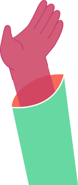 Pembe eldivenli el, düz dizaynlı, şeffaf arkaplanlı yeşil kollu turuncu astardan yükseliyor. Koruyucu teçhizat, güvenlik ekipmanı, minimalist, vektör sanatı, sanayi, sağlık, koruma