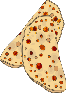 Düz dizayn edilmiş, kıvrımlı kenarları şeffaf arka planda iki benekli düz ekmek gösteriliyor. Minimalist, aşçı, dijital sanat, gıda illüstrasyonu, sağlık, doğal, zanaat