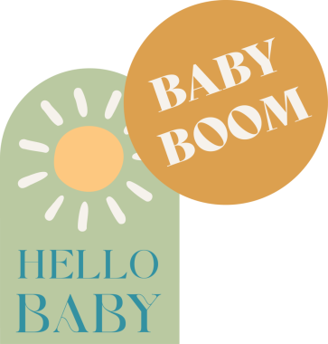 Düz pastel bebek duyurusu güneşi, yeşil kemeri ve hardal çemberini, şeffaf arkaplanı gösteriyor. Neşeli, modern, pastel, neşeli, kutlama, minimalist, grafiksel