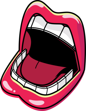 Çizgi film tarzı açık ağız, şeffaf arka planda pembe dudaklar, beyaz dişler ve dil gösteriyor. İllüzyon, grafik tasarım, pop sanat, çizgi film, anlamlı, cesur, enerjik