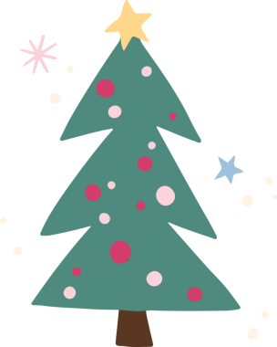 Kırmızı süslemeleri ve şeffaf arkaplanda pastel yıldızları olan ebedi yeşil ağaç tasarımı sunar. Şenlik, bayram, mevsimlik, dekoratif, minimalist, kaprisli, kutlama