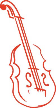 Stilize edilmiş kırmızı çello çizimi, saydam arkaplanda parşömen, boyun, sicimler, f-delikleri gösteriyor. Sanat, illüstrasyon, çizgi sanatı, müzik, melodi, enstrüman, minimalizm