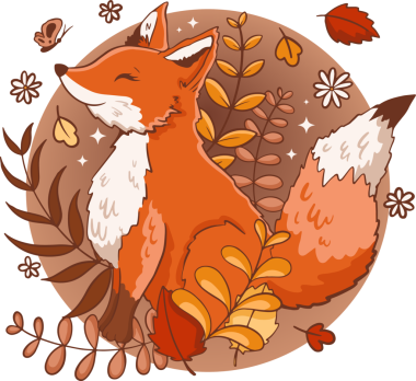 Çizgi filmdeki kızıl tilki, saydam arka plan, sonbahar yaprakları ve kelebeklerle profilde oturuyor. Doğa, vahşi yaşam, yeşillik, mevsimlik, illüstrasyon, ahenk, sükunet