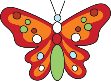 Düz kelebek kırmızı çizgili turuncu kanatları gösteriyor. Dairesel noktalar, şeffaf arkaplan. İllülasyon, grafik, canlı, doğa, dekoratif, sanatsal, simetri