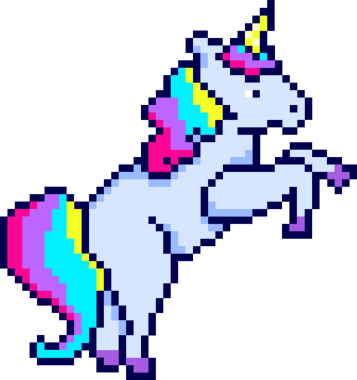 Pixel art unicorn arka ayakları üzerinde şeffaf arka planda, pastel gökkuşağı yelesi sergiliyor. Fantezi, mistik yaratık, dijital sanat, canlı, kaprisli, yaratıcı, karakter tasarımı