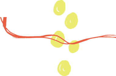 Soyut düzenleme, kırmızı kurdele ve sarı dairelerle şeffaf arkaplan boyunca uzanıyor. Modern sanat, minimalizm, canlı, dinamik, geometrik, çağdaş, sanatsal