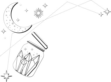 Mason tarzı kapaklı kavanoz, şeffaf arkaplan üzerinde kristaller ve yıldızlar olan bir sanat eserinin içinde yüzüyor. Minimalist, sürrealist, mistik, göksel, soyut, fütürist, kaprisli