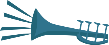 Stilize edilmiş mavi trompet, şeffaf arkaplanda beş tane üçgen ses ışını yayıyor. Müzik aleti, performans, grafik tasarımı, dijital illüstrasyon, eğlence, soyut sanat, canlı