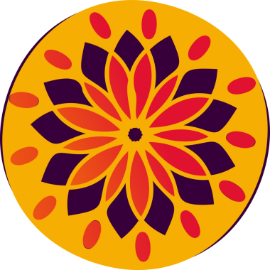 Mandala grafiği, saydam üzerinde turuncu disk, katmanlı taç yaprakları ve kırmızı ovalleri gösteriyor, kopyalama alanı. Geometrik, soyut, dekoratif, maneviyat, uyum, simetri, sanat